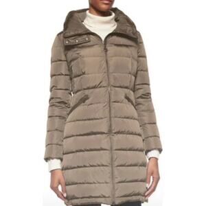 MONCLER Flamme Giubbotto Long Down Jacket Taupe Parka Stowable Hood Women's 3/L